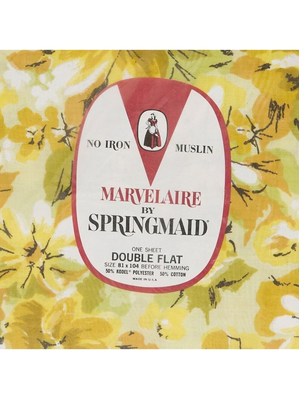 Springmaid Marvelaire Flat Sheet Double Moon Flower Yellow New Vintage 70s